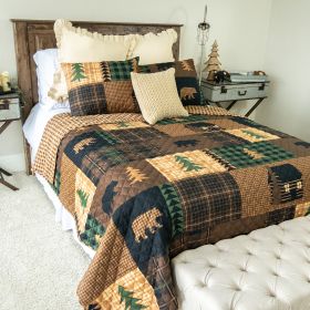 Brown Bear Cabin 3pc Queen Quilt Set