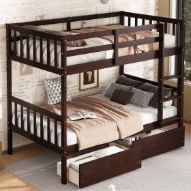 Twin Over Twin Rubber Wood Bunk Bed with 2 Drawers, Convertible into 2 Twin Beds, Twin Size Bunk Bed with Ladder and Safety Guardrails