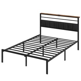 Full Size Bed Frame with Charging Station, Platform Bed with Metal Slats, Upholstered Headboard with Storage Shelves, No Box Spring Needed, Black