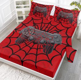 4PCS Gamer Bed Sheet Set, Red Bedding Set, Spider Web, 1 Flat Sheet,1 Fitted Sheet, 2 Pillow Cases (size: Queen)