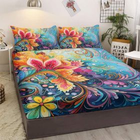 Bedding Fitted Sheet with Deep Pocket Mattress Cover Sheets,Colorful Flowers Printed Fabric Bed Sheets (size: King)