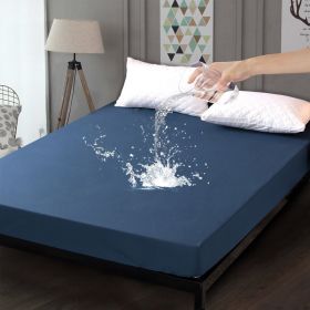 1pc Blue Waterproof Fitted Sheet, Solid Color Brushed Fitted Sheet, Soft Bedding (Color: Dark blue, size: King)