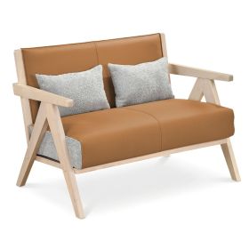 Loveseat Sofa for Small Spaces with Throw Pillows Rubber Wood Frame Padded Seat (Color: brown)