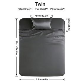 4-piece ultra-soft 85g satin sheet and pillowcase set, solid color, machine washable, suitable for all seasons, comfortable bedding set, for sing (Color: Grey, size: twin(38.98''*74.8''))