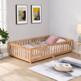 Twin Size Floor Bed with Door, Solid Wood Platform Bed Frame with Fence, Suitable for children, Pine Wood (Color: NATURAL)
