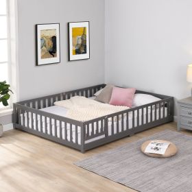 Twin Size Floor Bed with Door, Solid Wood Platform Bed Frame with Fence, Suitable for children, Pine Wood (Color: gray)